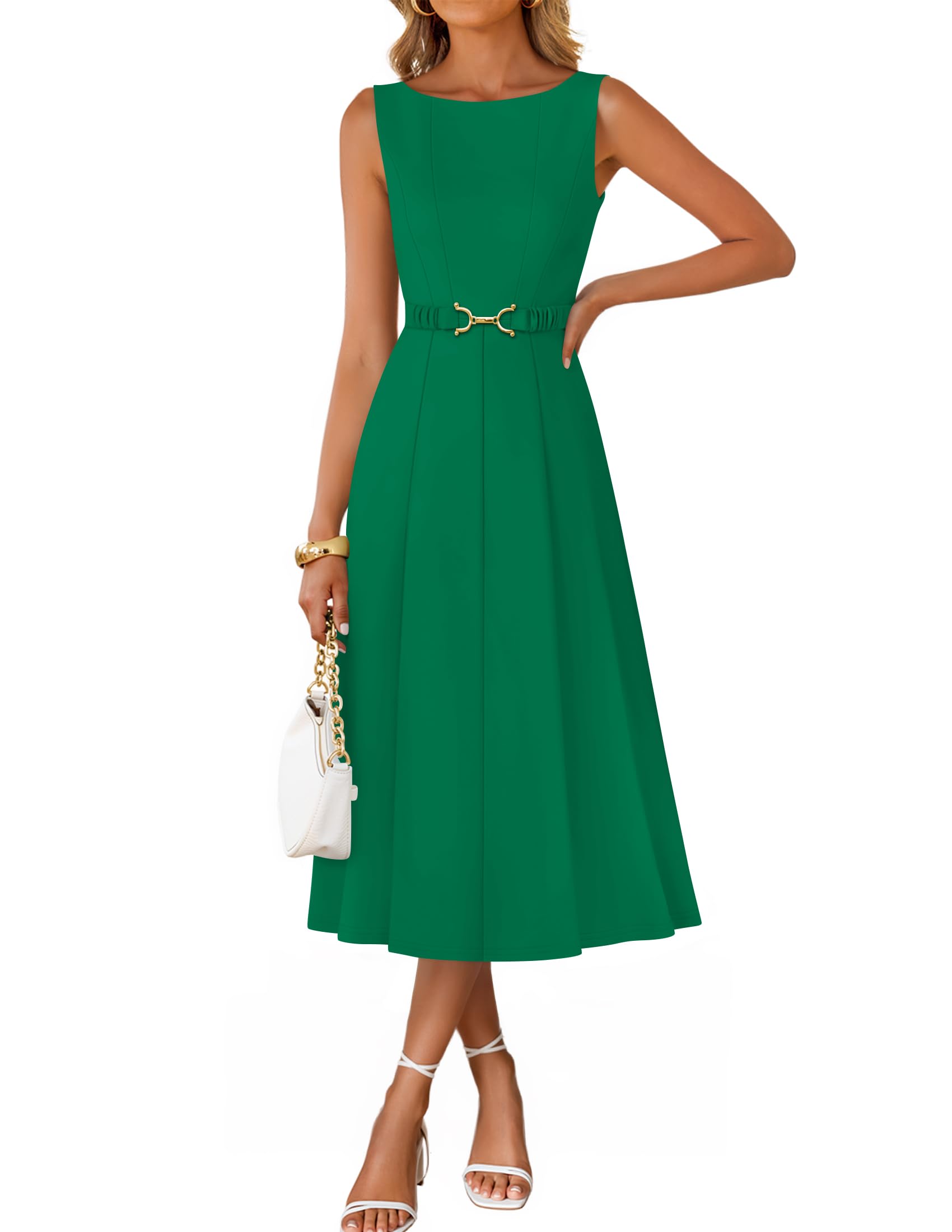 Photo 1 of ZESICA Women Summer Sleeveless Midi Dresses 2026 Elegant Boat Neck A Line Tie Waist Spring Cocktail Party Dress Green Large