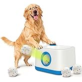 Automatic Dog Ball Launcher, Auto/Manual Paw-Activated Dog Ball Thrower | 3 Adjustable Distances Rechargeable Ball Throwing Machine, Indoor Outdoor Self Play Pet Toy with 4 Chew-Resistant Balls
