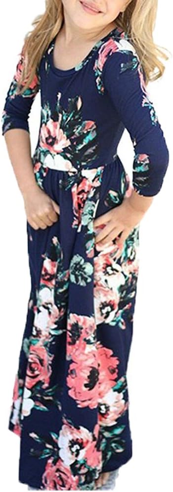YIJODMGirls Floral Maxi Dress, Flower Printed Short Sleeves Dress with Pockets Summer Long Holiday Dress