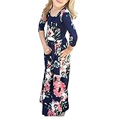 YIJODM Girls Floral Maxi Dress, Flower Printed Short Sleeves Dress with Pockets Summer Long Holiday Dress