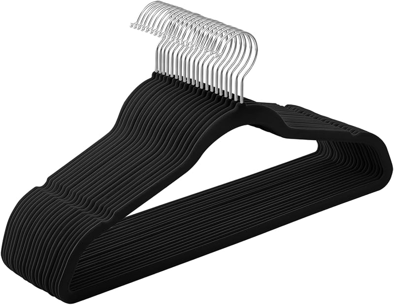 Percha de Terciopelo, Juego de 20, Antideslizantes, con Barra Corbata y Gancho Negro, 0,6 cm Espesor, Ahorra Espacio, 41,5 cm Largo, Abrigo Pantalón, Negro Tinta y Plata CRF026B20