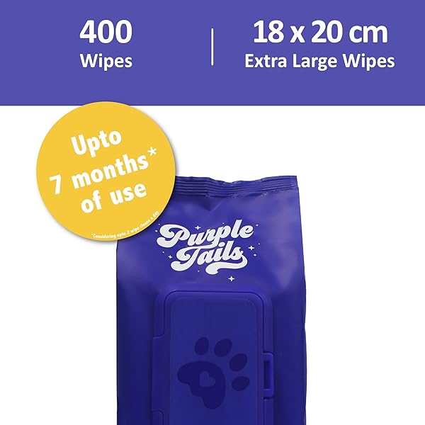 PURPLE TAILS DOG WIPES – 400 DOG WIPES FOR PAWS AND BUTT, FUR, EARS – PLANT-BASED DOG PAW WIPES – CLEANING WIPES FOR PETS – PUPPY WIPES WITH ALOE VERA, SHEA BUTTER – 4 X 100 PACK