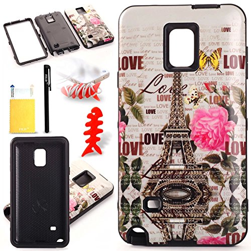 FILD(TM) Love Eiffel Tower Hybrid Armor Hard Soft Case Combo Fit For Samsung Galaxy Note 4,With Fish Bone Earphone Cable Cord Winder(Color Random),Screen Protector and Stylus,Black