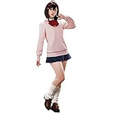 Wecos Women Anime Cosplay School Uniform Outfits Pink Shirt Blue Skirt Adult Costumes with Earing for Halloween Cos