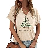 Womens V Neck Christmas Shirt Merry Christmas Holiday Graphic Tees Family Holiday Xmas T-Shirts Gift Tops