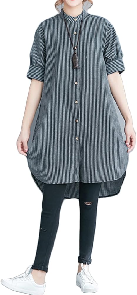 Amazon Chenda ゆったり 大人 可愛い バック ボタン ロング チュニック丈 シャツ ワンピース レディース シャツ ブラウス 通販