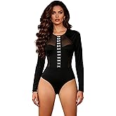 sunshinelady Womens Long Sleeve Bodysuit Mesh Sheer Body Suits Tops One Piece Leotard Shirt Trendy Going Out Tops S-2XL