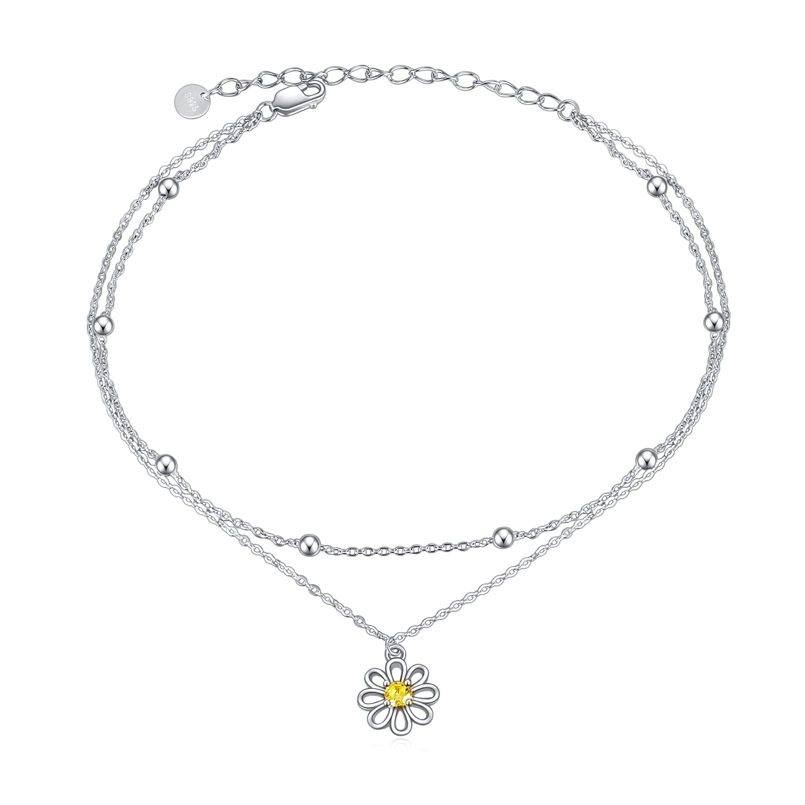 VONALA Daisy Anklet Bracelets 925 Sterling Silver Double Layered Flower Ankle Jewellery Birthday Gifts for Women Girls