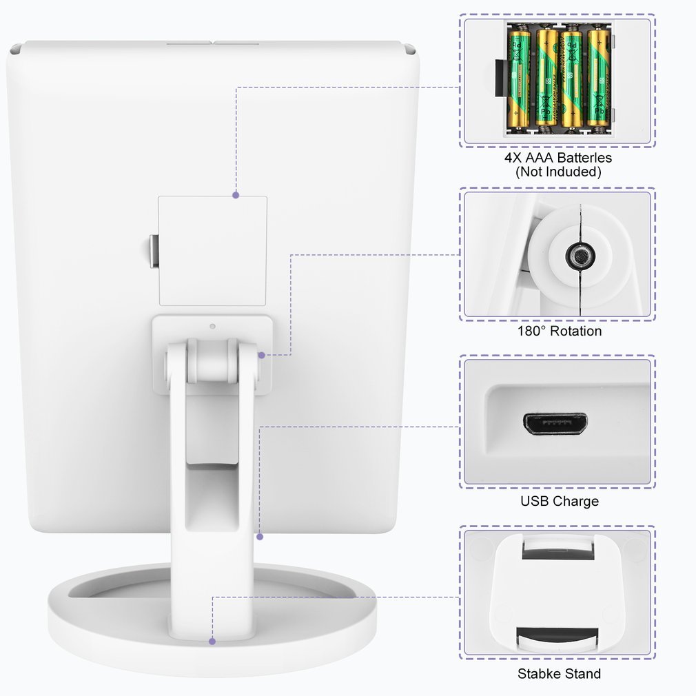 Miroir Maquillage LED lumineux, Miroir Triple Pliable avec Écran Tactile Grossissement 1X/2X/3X/10X Miroir Cosmétique 180° Ajustable avec Bouton, Câble USB pour Maquillage Beauté