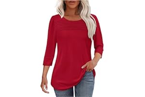 Womens 3/4 Sleeve Tops Dressy Casual Blouse for Women Fashion Front Pleated Round Neck Pullover Ladies Tunic Shirt