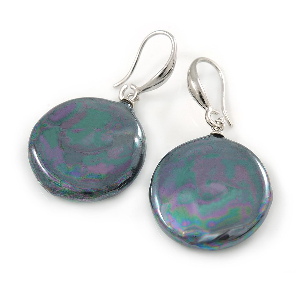 Dark Grey Coin Shape Shell Drop Earrings/Silver Tone/ 35mm L