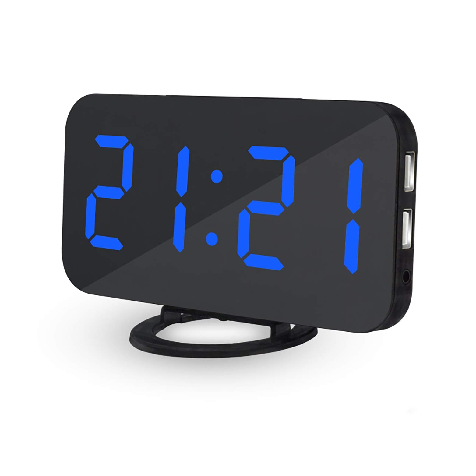 DollaTek LED Digital Portable Mirror Alarm Clocks with 6.5 inch LED Display and 3 Dimming Mode Suitable for Bedroom and Office - Black shell Blue digital