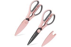 Country Kitchen Set of 2 Kitchen Scissors-Stainless Steel Kitchen Shears, Cooking Scissors for Cutting Meat, Chicken, Herbs and Produce with Blade Cover and Soft Grip Handles - Pink