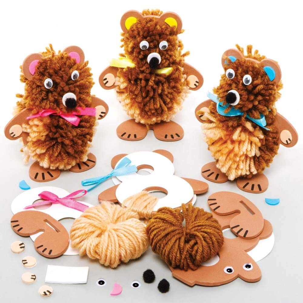 Baker Ross FE362 Teddy Bear Craft Kit - Pack of 3, Children's Art Make Your Own Fluffy Pom Friend — image 1
