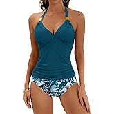 B2prity Halter Tankini Swimsuit for Women Tummy Control Two Piece Bathing Suit V Neck Swimwear with Shorts