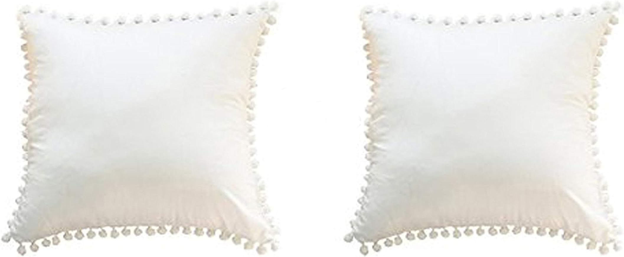 Meaning4 White Cotton Throw Pillow Cases Covers 18x18 Inches with Pom Poms 2 Pcs