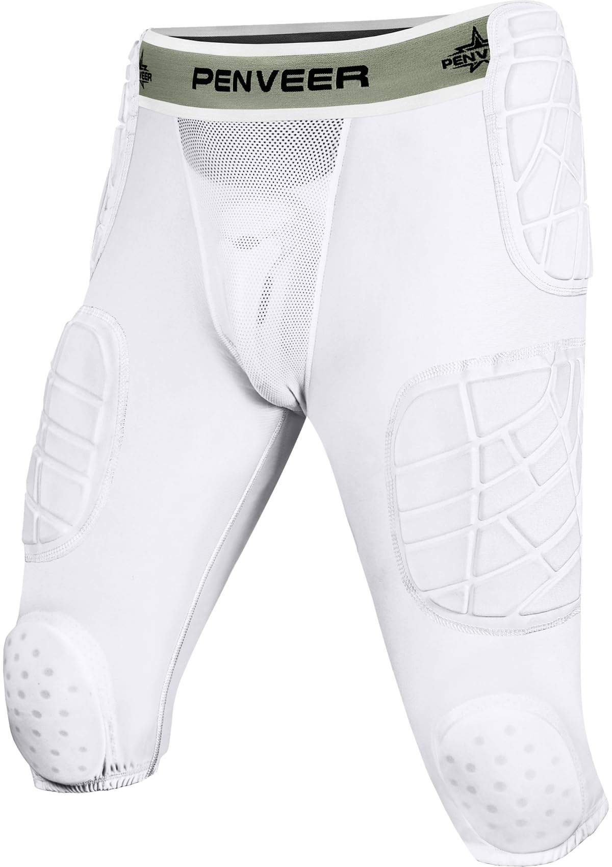 Photo 1 of Penveer 7.0 Youth Football Girdle for Boys with Cup Pocket - Padded Compression Shorts with Integrated Hip, Thigh, Knee & Tailbone Pads for Maximum Protection (White, YL)