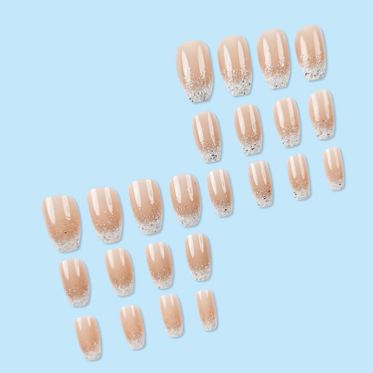 White Glitter French Tip Press On Nails - Medium Square Fake Nails with Glossy Gradient Design, Silver Glitter Sparkly Design, Reusable Stick On Nails, 24 Pcs - Image 4