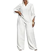 MakeMeChic Women's Plus Size 2 Piece Fall Outfits Collar V Neck Long Sleeve Blouse and Pants Sets