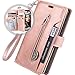 Auker Galaxy S9 Wallet Case for Women/Men, Trifold 9 Card Holder Folio Flip Leather Zipper Wallet Case with Strap&Cash Pocket Shockproof Full Body Protective Magnet Purse Case for Samsung S9 Rosegold
