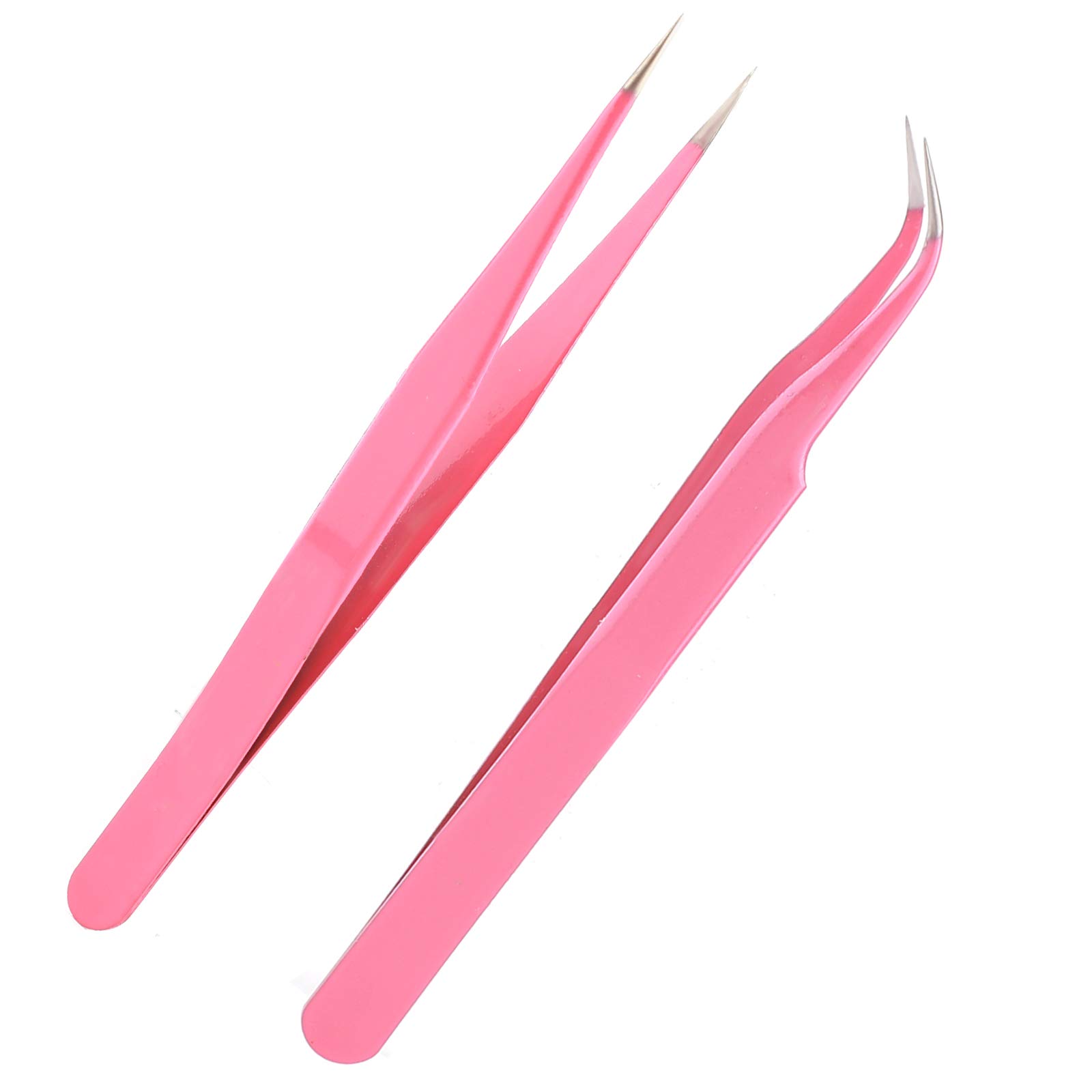 AIEX 2 x Russian Volume Tweezers, Stainless Steel Eyelash Extension Tweezers with Straight and Curved Tip (Pink)