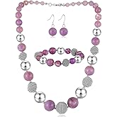 PEARL&CLUB Beaded Chunky Statement Necklace Earring and Bracelet Set Silver Metal Bead Fashion Jewelry Set Mothers’ Day Gifts for Women