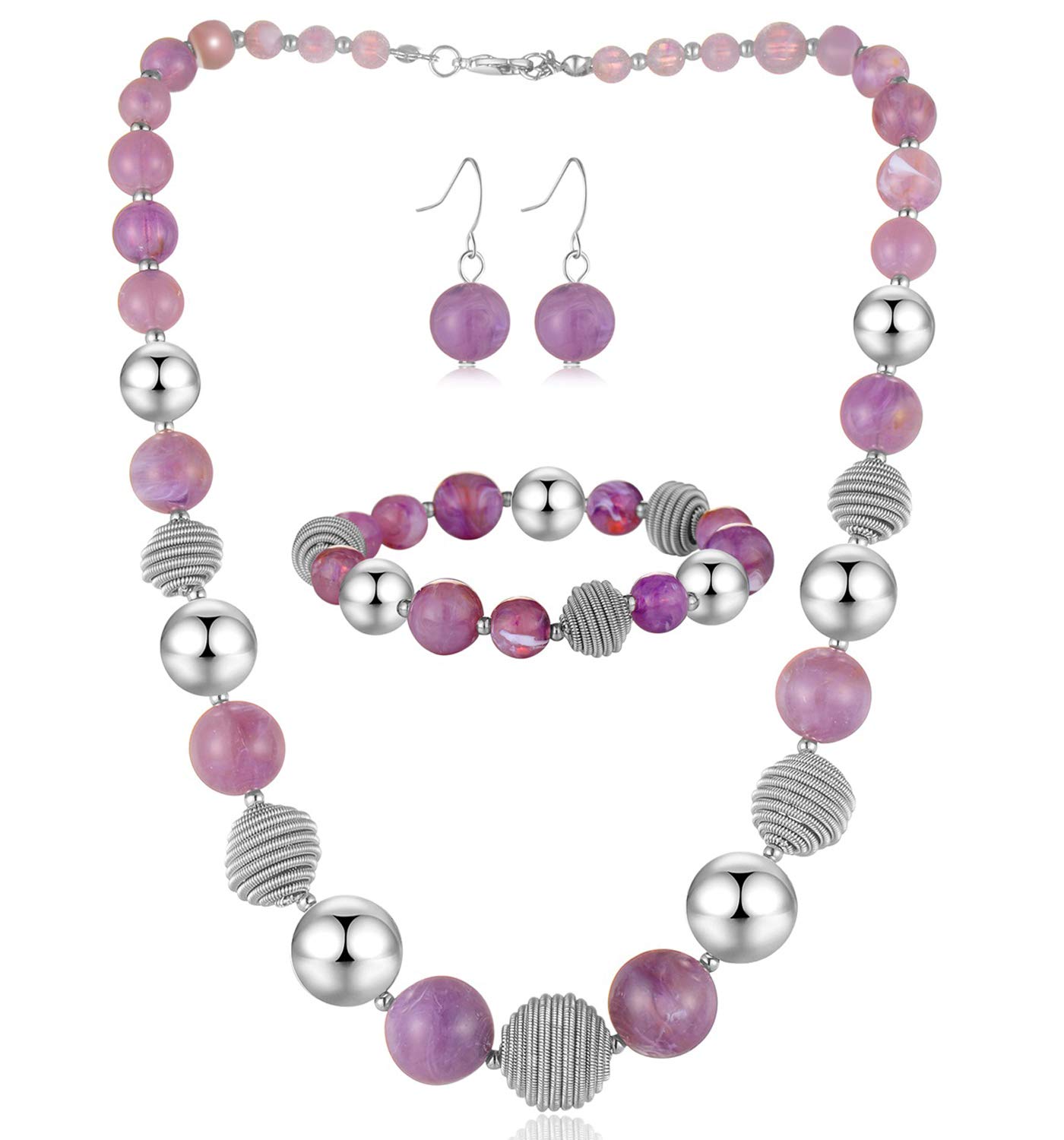 BULINLIN Chunky Beaded Silver Necklace Earrings Pearl Handmade Bracelet Set Statement Costume Fashion Jewellery Set Birthday Gifts for Women(Purple)