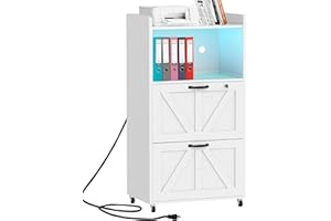 BTDWI 2 Drawer File Cabinet On Wheels & Charging Station, Wood Filing Cabinet with Lock & LED Light, Large Storage Printer Stand for Home Office, White