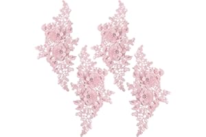 CABODYALS 4Pcs Pink Floral Embroidery Applique Beaded Flower Rhinestone Appliques 3D Polyester Lace Pearl Crystal Sew on Patches for Sewing Making Clothes Wedding Gowns Costumes Accessories Supply