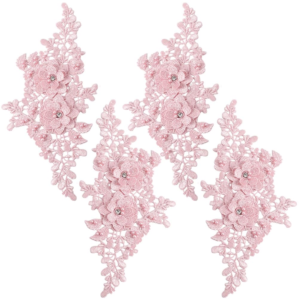 Photo 1 of CABODYALS 4Pcs Pink Floral Embroidery Applique Beaded Flower Rhinestone Appliques 3D Polyester Lace Pearl Crystal Sew on Patches for Sewing Making Clothes Wedding Gowns Costumes Accessories Supply