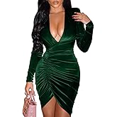 YMDUCH Women's Sexy Long Sleeve V Neck Ruched Bodycon Wrap Cocktail Club Mini Dress