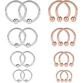 Ruifan 8PRS(16PCS) 14G Surgical Steel Horseshoe & Captive Bead Nose Hoop Septum Earring Eyebrow Tongue Lip Nipple Helix Tragus Piercing Rings 6-12mm