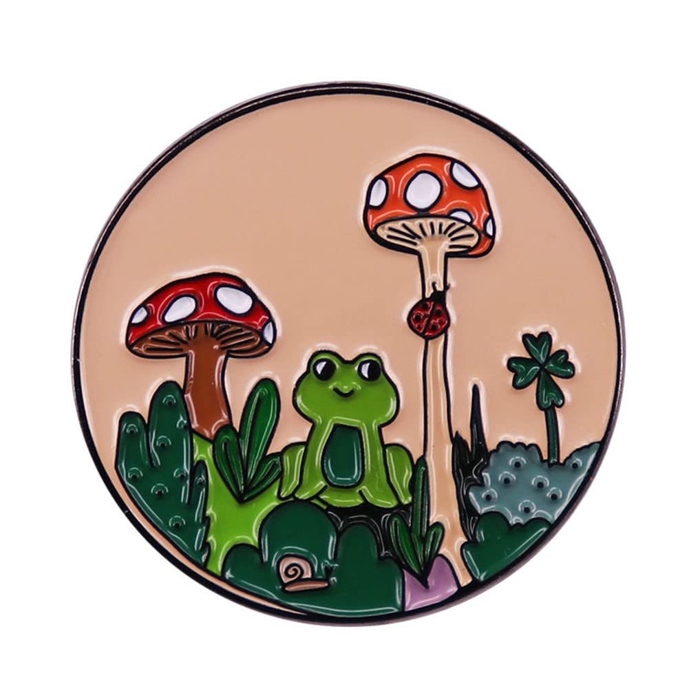 KAWADU Cartoon Mushroom and Frog Badge Metal Enamel Pin Frog Personality Brooch Backpack Clothes Bag Lapel Pin Jewelry Gift for Friends Kids Girl Friends