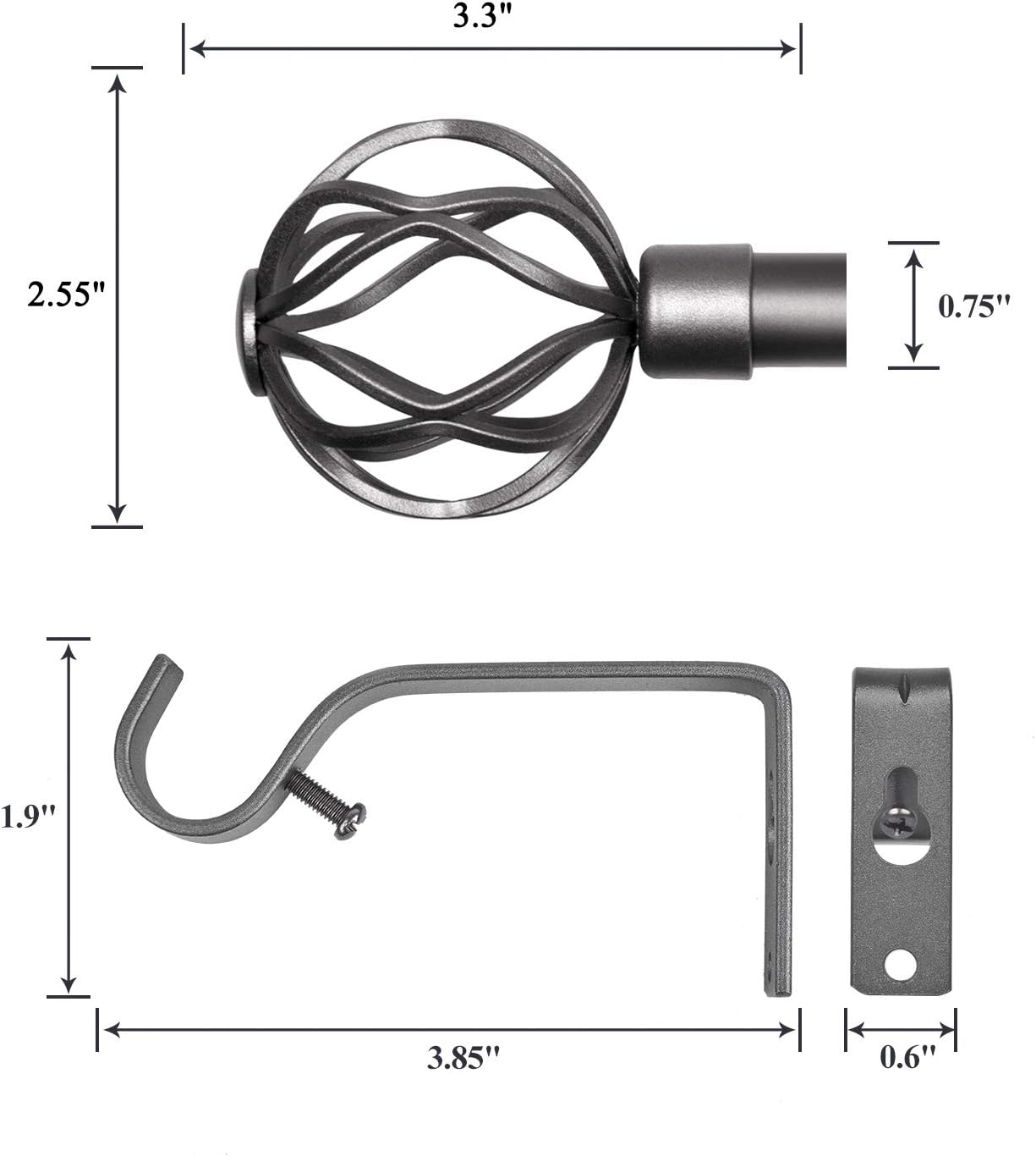 3/4-Inch Diameter Decorative Single Window Curtain Rod with Round Twisted Cage Finials, 28-48 Inches, Pewter: Home Improvement