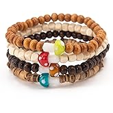 Aijewelop 4-Piece Set of Unique Wooden Mushroom Beaded Elastic Bracelets - Unisex, Rustic Bohemian Style, Multi-Color,Good Gifts for Mom,Dad, Boyfriend, Girlfriend, Best Friend,Roommate or Classmate.