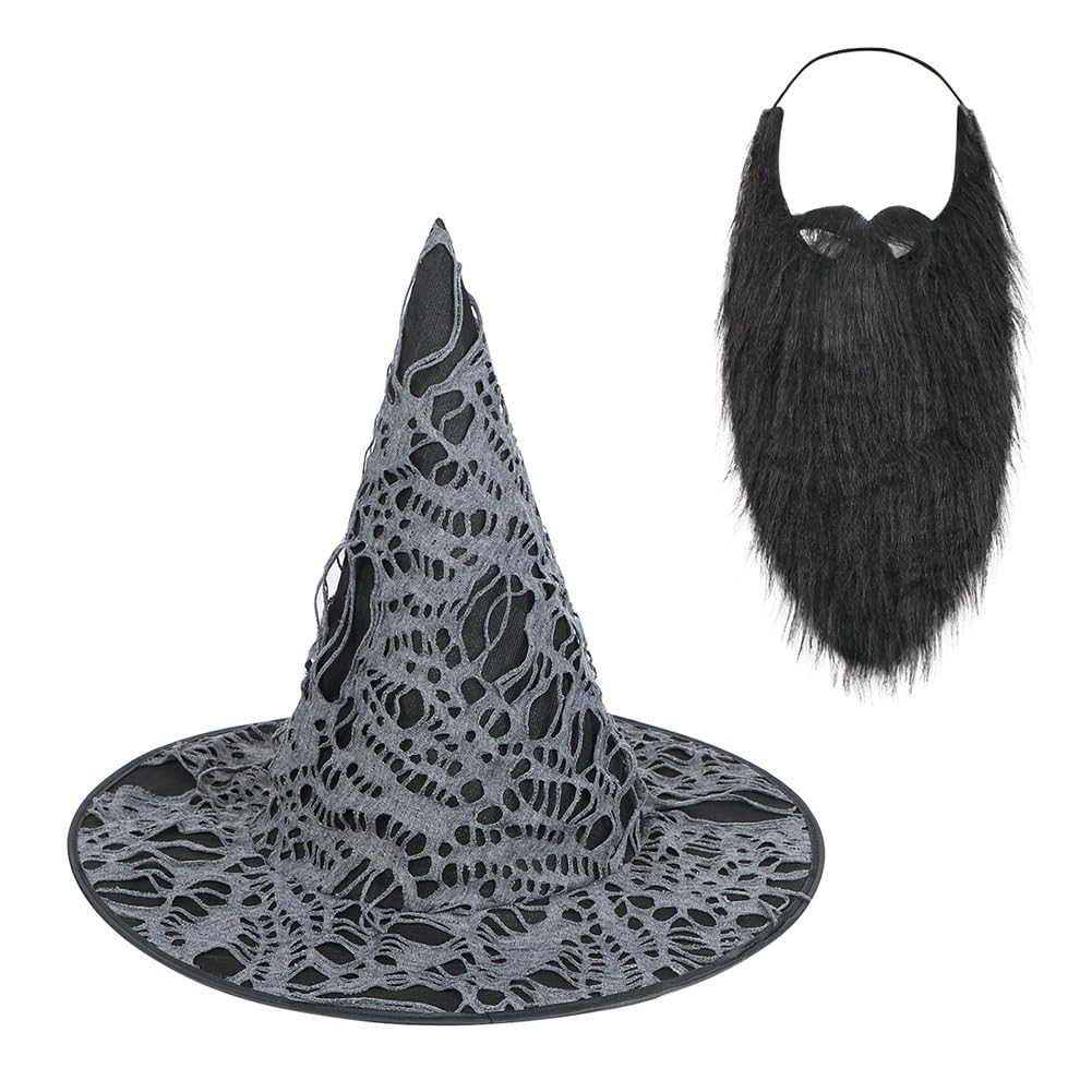 ITODA Halloween Witch Hat Funny Beard Set Ruched Wizard Hat Pointed Witch Costume Headwear Fake Whisker Facial Hair Fancy Dress Cosplay Accessory for Adult Halloween Carnival Black