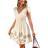CUPSHE Women's Summer Beach Mini Dress V Neck Bow Tie Sleeveless Hawaiian Smocked Waist Short Dress
