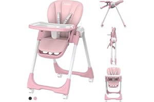 SEJOY Baby High Chair with 4 Wheels for Babies & Toddlers,for 6 Months-6 Years,Up to 110 LBs/50kg,Removable Dishwasher Meal Tray,Adjustable Backrest Footrest Tray Positions Seat Heights (Pink)