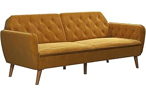 Novogratz Tallulah Memory Foam Futon and Couch, Mustard Yellow Velvet