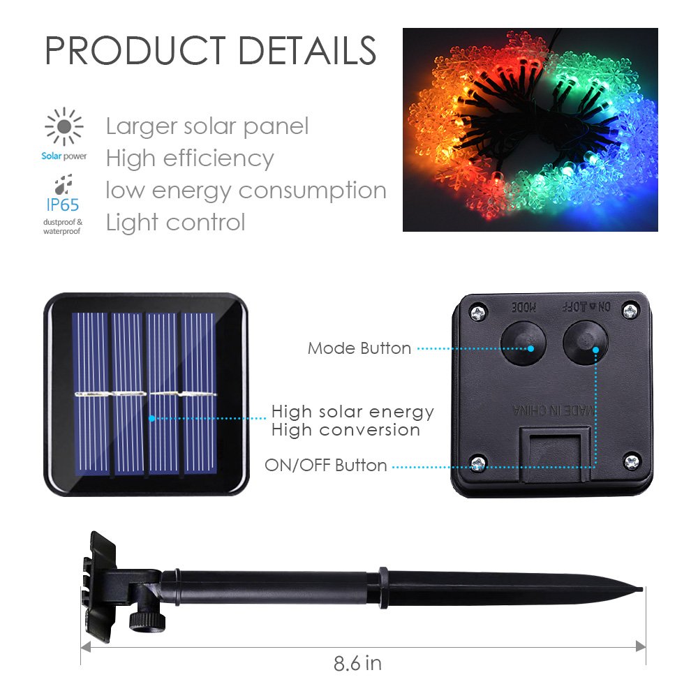 Solar String Lights - Solarmks 8 Mode 20ft 30 LED Fairy String Lights Outdoor Garden Light for Christmas - Colorful Snowflake