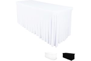 DESTINATION Table Skirt for Rectangular Tables 4ft - Spandex Table Covers for Standard 4 Foot Table - One Piece Fitted Elastic Tablecloth - Wrinkle Resistant Ruffles Design for Weddings, Party, Events (White)
