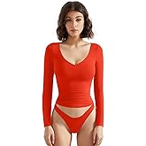 SUUKSESS Women Double Lined Casual V Neck Crop Tank Tops Basic Long Sleeve Shirts