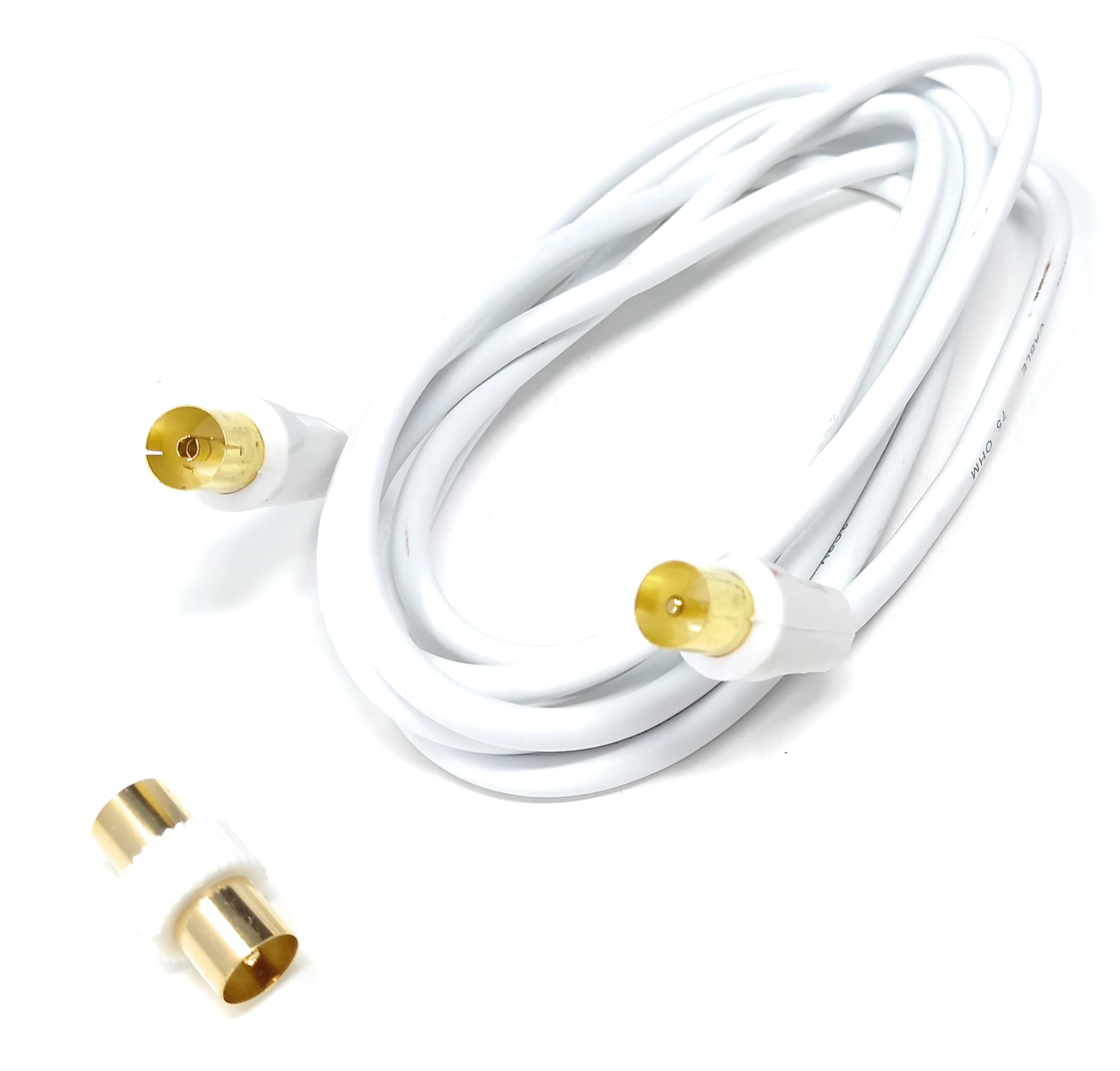 DRUT 2m TV Male to Female Extension Coax Cable, Supplied With a Male to Male Coupler Adapter, Gold Connectors 6.5ft White