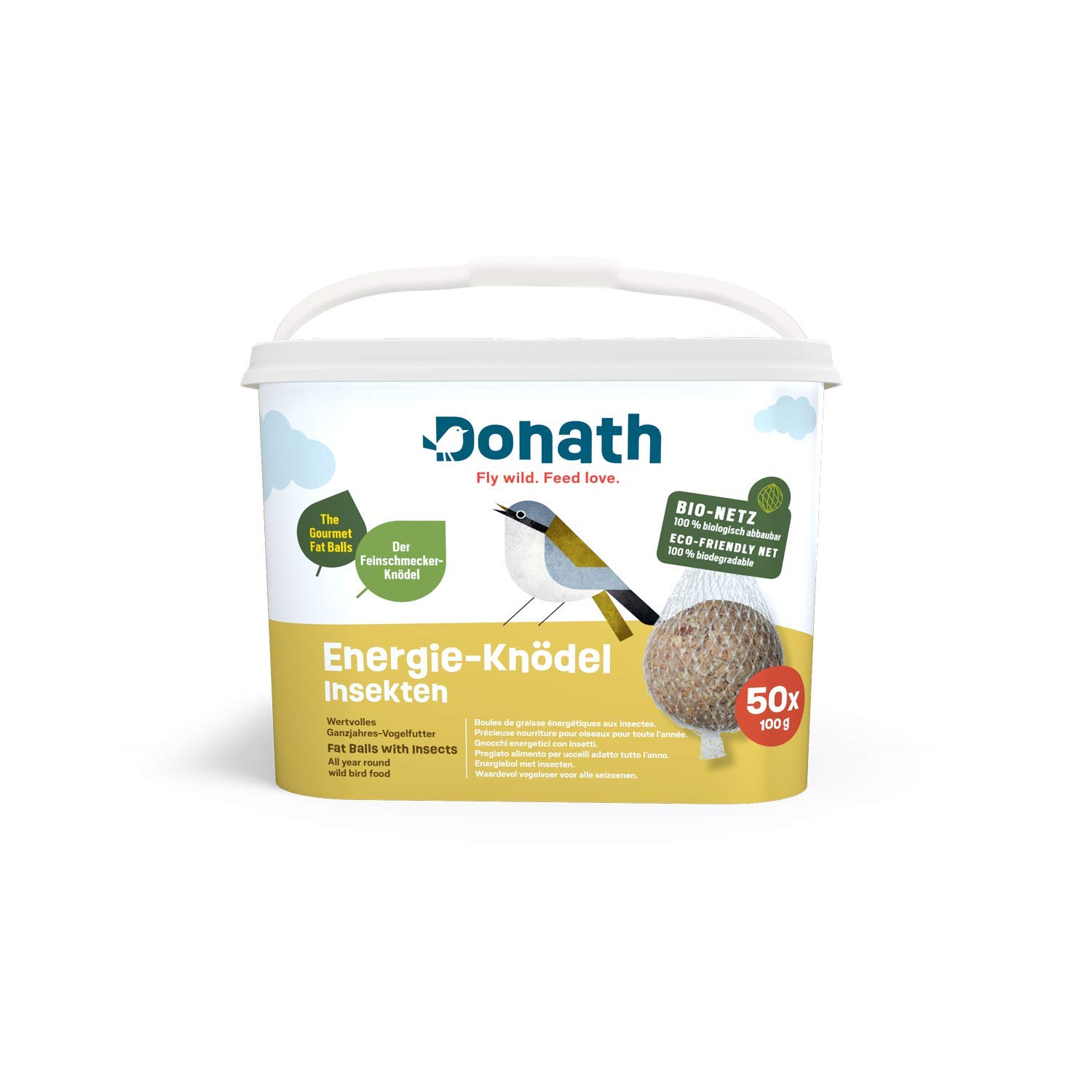 Donath Energy Balls with Insects in organic net - fat balls for tits in an organic net - 100g per ball – for tiny gourmets - nutritious all year round wild bird food - made by us in Southern Germany