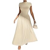 SOLY HUX Women's Summer Maxi Dress Modest Mock Neck Cap Sleeve A Line Flowy Elegant Long Dresses