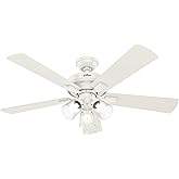 Hunter 52 inch Indoor Ceiling Fan with LED Lights and Pull Chain - White Ceiling Fan, 5 Blades, Standard Mount, For Bedroom, 