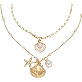 Ethereal Ocean Shell Necklace for Women, 14K Gold Layered Seashell and Starfish Choker, Beach Necklaces for Women with Pearl Accent