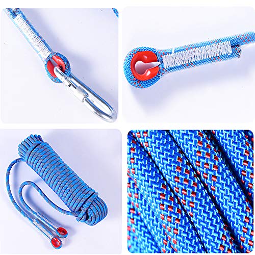 letsgood 10mm Outdoor Static Rock Climbing Rope, Safety Rope with 2 Hooks, Escape Rope Climbing Equipment Emergency Fire Rescue Parachute Rappelling Rope - 10M(32ft) 15M(49ft) 20M(64ft) (Blue, 49ft)