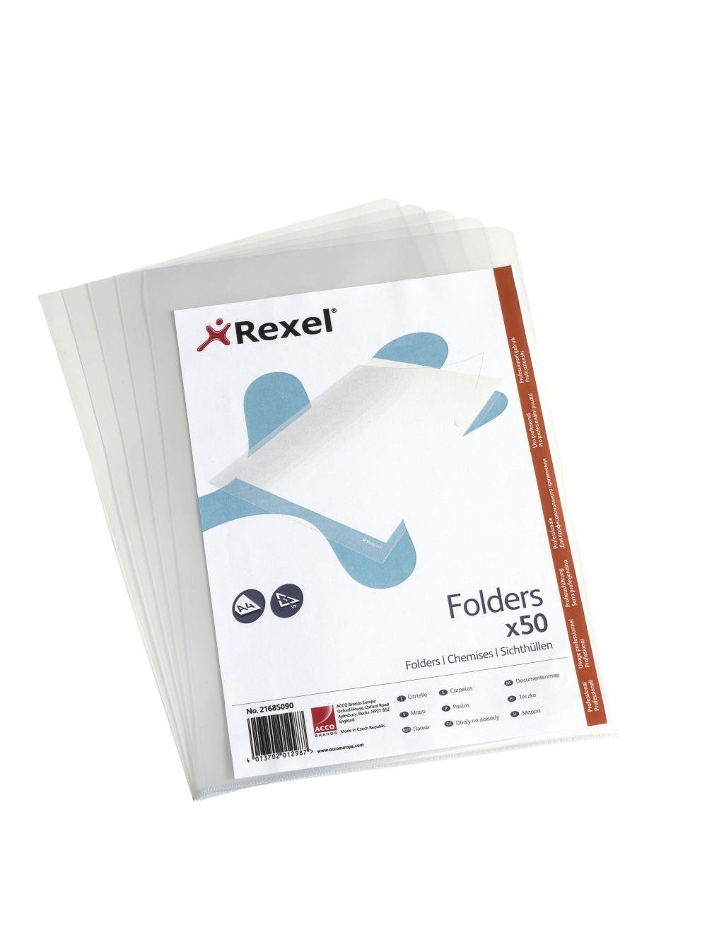 Rexel Nyrex Heavy Duty A4 Document Folder, Glass Clear, Heavy Duty 160mic, Cut Flush, L-Folder, Pack of 50, 21685090