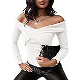 Essrite Womens Off Shoulder Tops Slim Fit Long Sleeve Cross Wrap Front Ribbed Knit Blouses Tops Shirts with Pearls